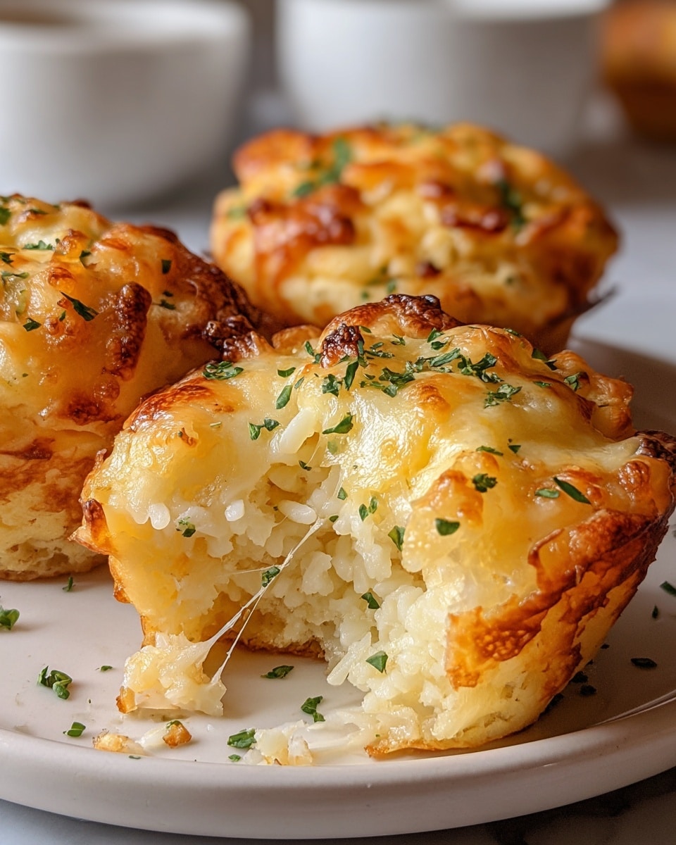 A close-up of three golden baked cheesy muffins on a white plate, sitting on a white marbled surface, with melted cheese that is bubbly and browned on top. The muffins have a soft, moist inside showing small rice-like grains, and are sprinkled with finely chopped green herbs. The muffin in front has a bite taken out, revealing stringy melted cheese stretching slightly. In the blurry background, two white bowls add depth to the scene. Photo taken with an iphone --ar 4:5 --v 7