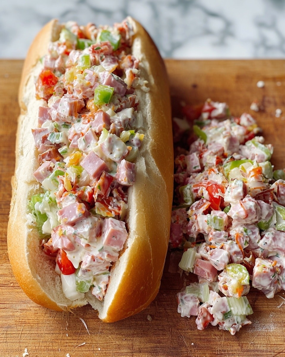 A sandwich on a white hoagie roll filled with a colorful mixture of diced ingredients including pink ham, red tomatoes, green bell peppers, white cheese, and bits of onion, all coated in a creamy dressing. The filling is chunky and mixed, spilling slightly onto a wooden surface next to the sandwich, showing a thick layer of the same mixed filling. The bread has a soft, slightly cracked crust and is sliced open to hold the filling full and overflowing. The scene is set on a white marbled texture. photo taken with an iphone --ar 4:5 --v 7