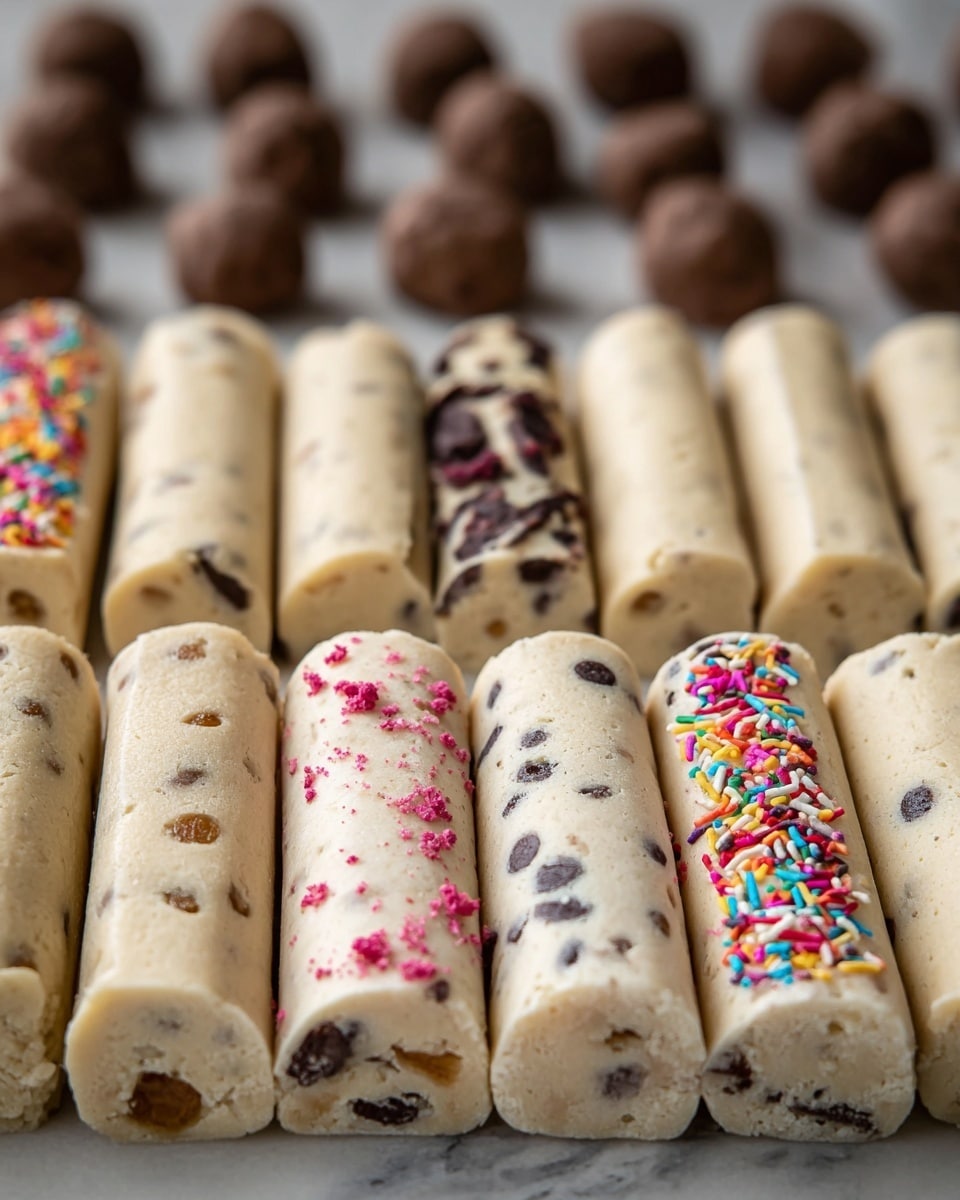 The image shows several rows of cookie dough logs arranged neatly on a flat surface with a white marbled texture. Each dough log is cylindrical and light cream-colored, speckled with different mix-ins and toppings: the front logs contain visible chocolate chips and dried fruit pieces, some have pink sprinkles, others have colorful rainbow sprinkles, and a few have small chocolate pieces. In the background, darker brown cookie dough balls can be seen, slightly blurred, adding contrast to the light dough logs. The texture of the dough appears soft and smooth, with a slight shine. photo taken with an iphone --ar 4:5 --v 7