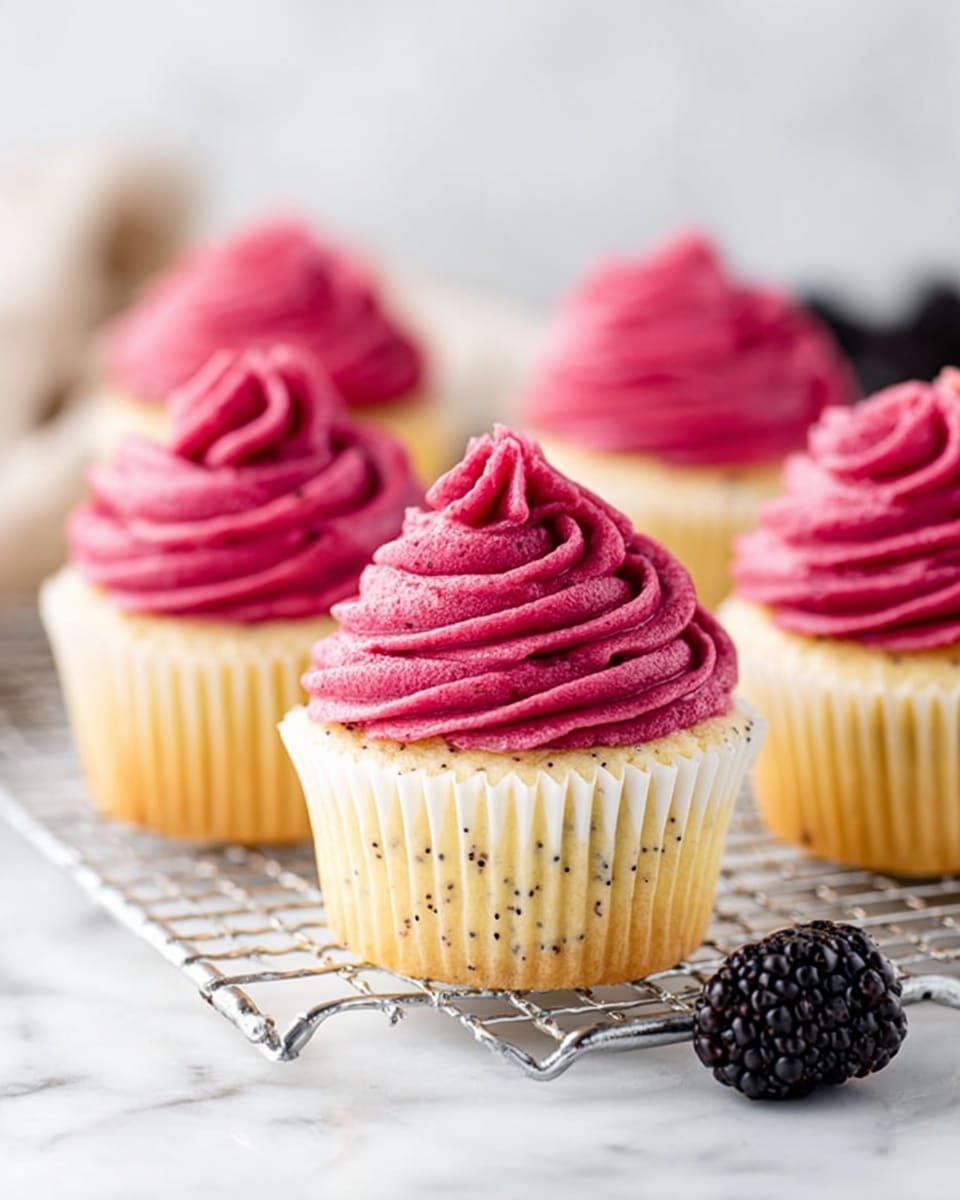 A close-up of five vanilla cupcakes with small dark specks inside, each topped with a thick, smooth swirl of bright deep pink frosting. The cupcakes sit in white paper liners on a silver wire rack, which is placed on a white marbled surface. In the foreground to the right, one glossy black blackberry adds a touch of natural contrast. The cupcakes are arranged in a slightly scattered manner, with the focus on the front cupcake and the others softly blurred in the background. photo taken with an iphone --ar 4:5 --v 7