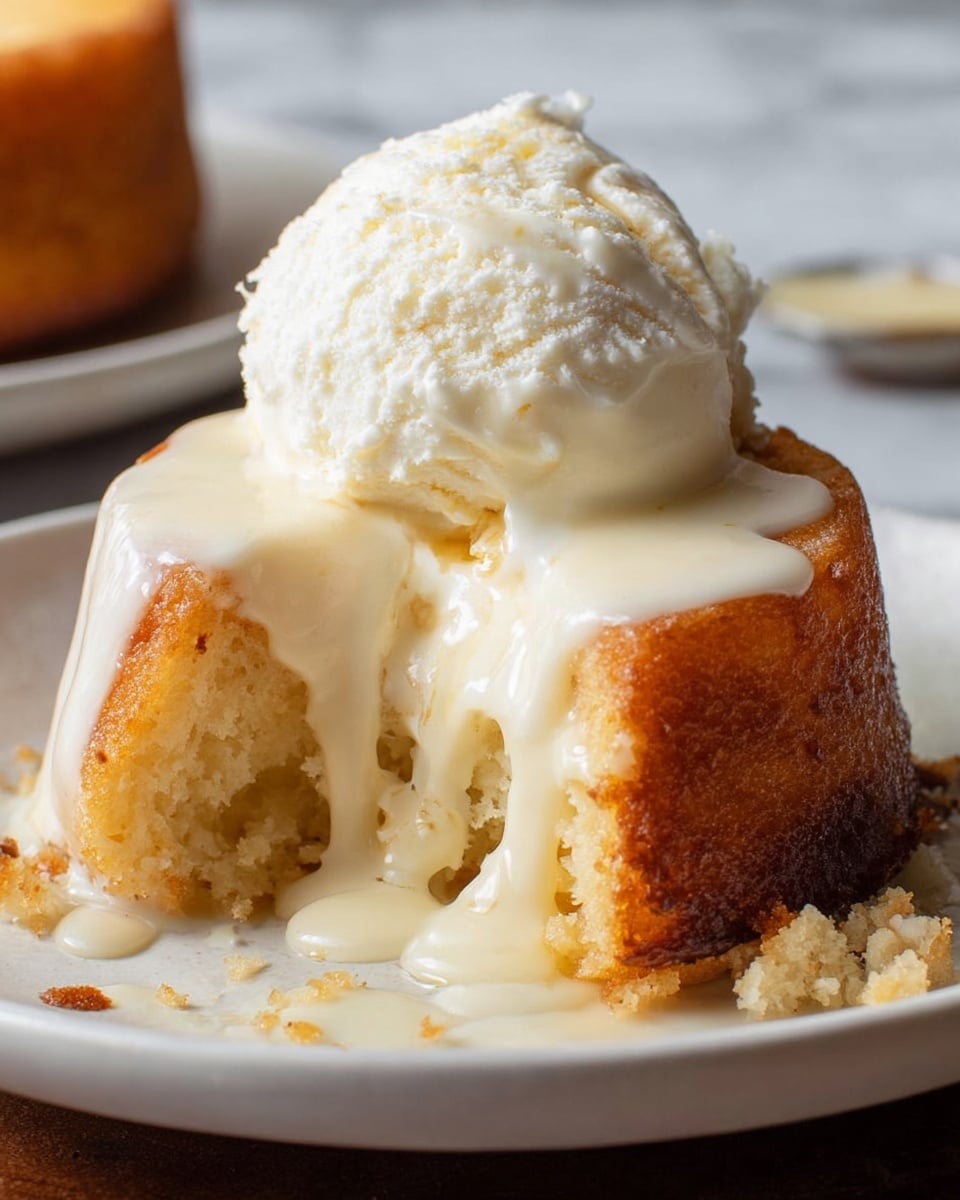 A close-up image of a small round cake with a golden brown outer crust on a white plate, cut open to show its soft, moist, pale yellow inside, topped with a thick layer of smooth, creamy white sauce that lightly flows down the sides, and finished with a rough textured scoop of white ice cream sitting on top, with some crumbs and sauce on the plate. The background is a white marbled texture. Photo taken with an iphone --ar 4:5 --v 7