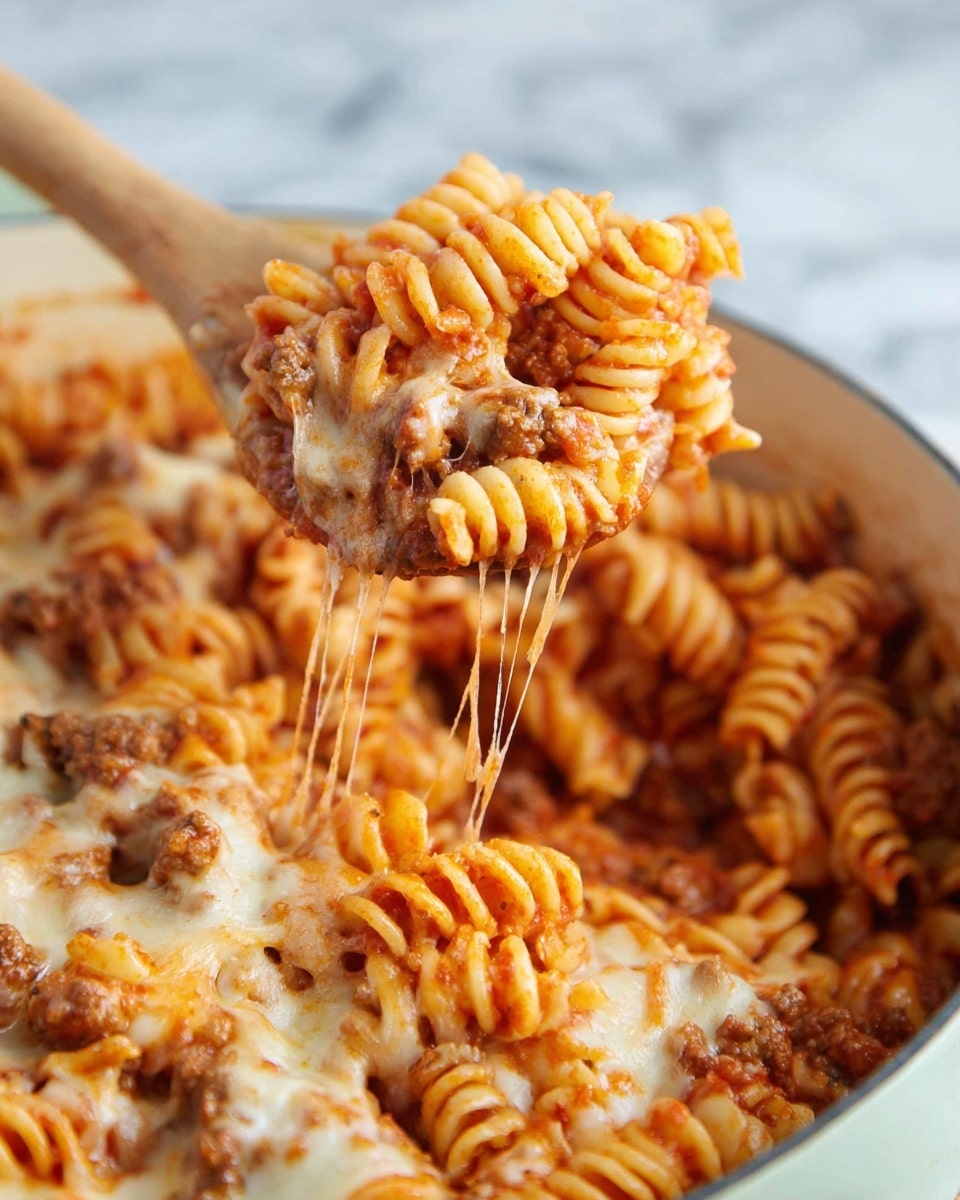 A close-up view of a white bowl filled with spiraled rotini pasta mixed with a red meat sauce and melted cheese. The pasta is layered evenly, coated in a light orange-red sauce with small pieces of cooked ground beef scattered throughout. The melted cheese is golden and slightly stretchy, blending softly into the pasta on top. A silver spoon is partially inserted into the dish, ready to scoop some pasta. The bowl sits on a white marbled surface. photo taken with an iphone --ar 4:5 --v 7