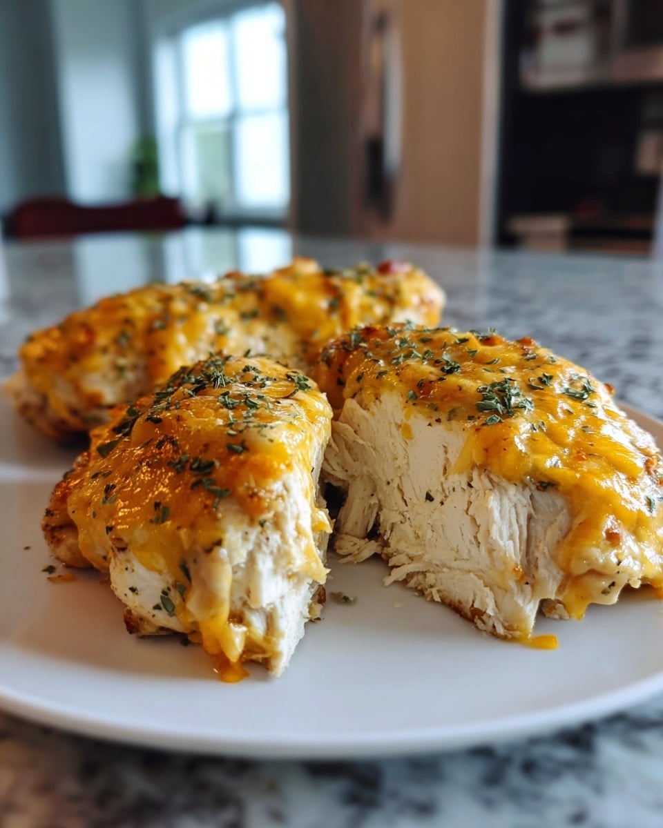 Three pieces of baked chicken covered with melted golden cheddar cheese and sprinkled with green herbs sit on a white plate. The chicken is creamy white inside with a soft, flaky texture, and the cheese on top looks gooey and slightly crispy around the edges. The plate rests on a white marbled surface with a blurred kitchen background. Photo taken with an iphone --ar 4:5 --v 7