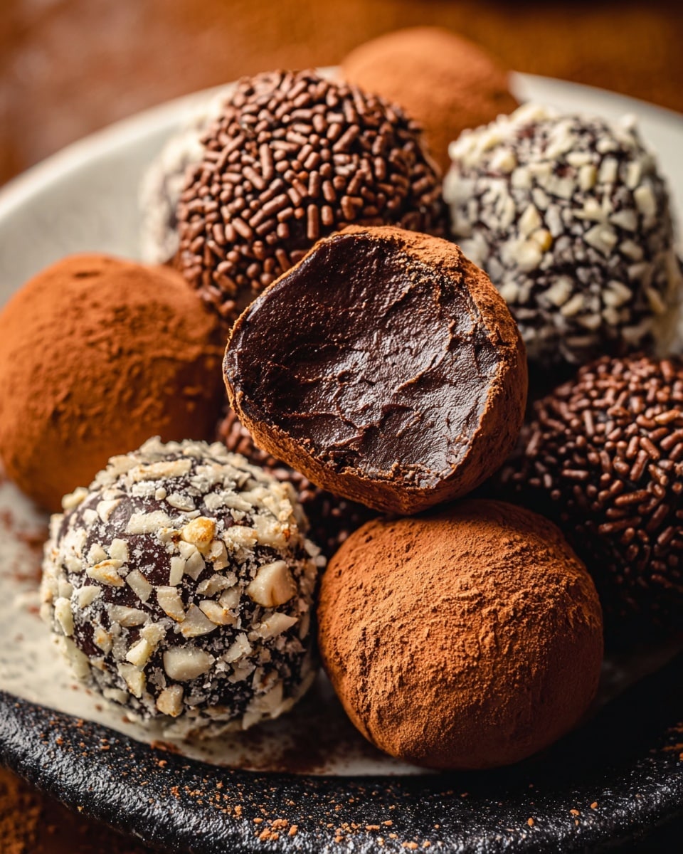 A close-up image of round chocolate truffles in a white plate with a dark textured base. The truffles show three main styles: one type is covered in a smooth, dark brown cocoa powder layer; another is covered in small, shiny light brown sprinkles; and the last is coated in roughly chopped white and brown nut pieces. One truffle is cut in half, revealing a soft, shiny, rich dark chocolate center. The truffles are clustered together, showing different textures clearly in warm light. Photo taken with an iphone --ar 4:5 --v 7