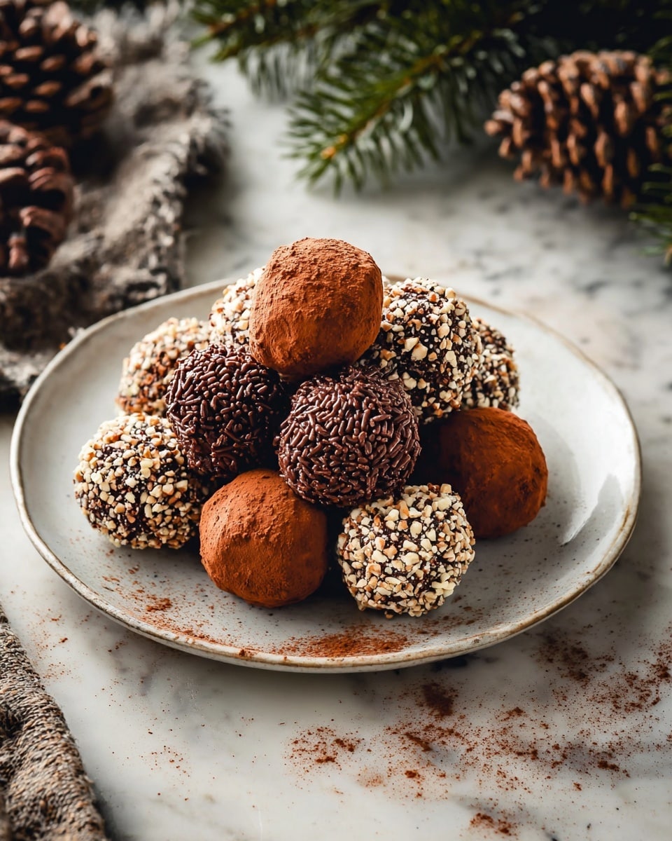 A round white plate holds a pile of assorted chocolate truffles with three different coatings. Some truffles are covered in a smooth layer of brown cocoa powder with a dusty texture, others are coated with small, light brown chocolate sprinkles creating a rough surface, and the last group is coated with chopped nuts that have a mix of white and brown shades, giving a crunchy look. The truffles are stacked casually, forming a small mound in the center of the plate. The background is a white marbled texture with winter pine and pinecones partially visible near the top of the frame. Photo taken with an iphone --ar 4:5 --v 7