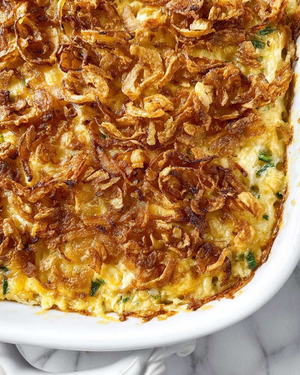 A close-up view of a baked casserole in a white ceramic dish shows a thick top layer of crispy, golden-brown fried onions with a crunchy texture spread evenly. Beneath the crispy onions, there is a creamy light yellow layer with hints of green herbs mixed within, giving a soft texture that contrasts with the top. The edges reveal a rich, cheesy, and slightly bubbly consistency, highlighting the baked nature of the dish. The casserole dish is placed on a white marbled surface, with part of a white ceramic spoon handle visible underneath. photo taken with an iphone --ar 4:5 --v 7