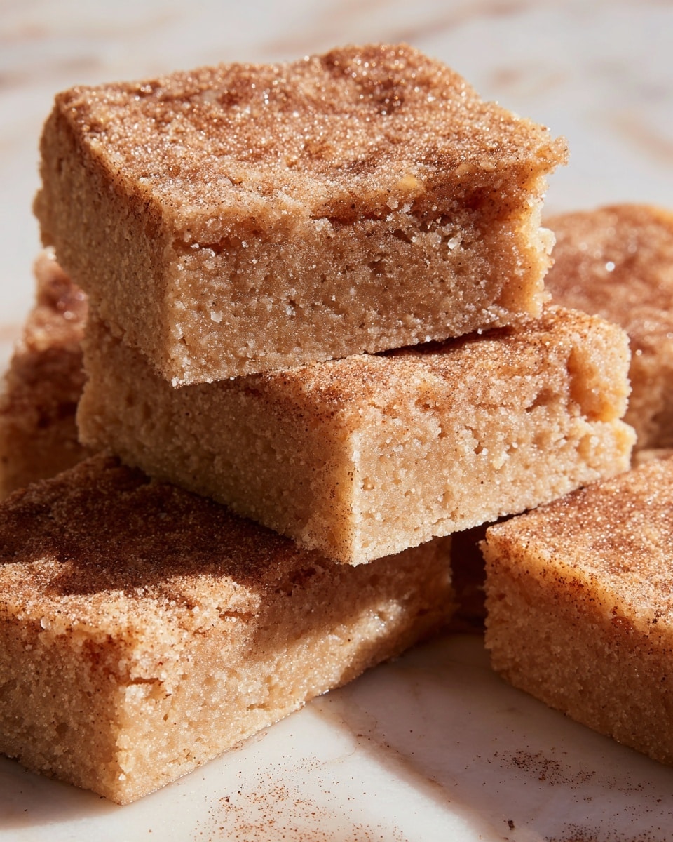 The image shows a close-up view of square blondie pieces stacked on top of each other, with a soft, crumbly texture and a light brown color with visible sugar crystals and cinnamon specks on the surface. The top layer has a slightly cracked, rough texture that catches the light, giving a sugary shine. The background has a white marbled texture, making the blondies stand out clearly. Photo taken with an iphone --ar 4:5 --v 7