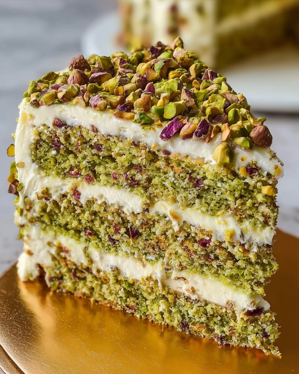 A three-layer pistachio cake slice with a white creamy filling between each nutty green sponge layer dotted with crushed pistachios. The top is covered thickly with white frosting and generously sprinkled with a mixture of whole and chopped vibrant green and purple pistachio nuts. The cake slice sits on a golden board with a white marbled background. photo taken with an iphone --ar 4:5 --v 7