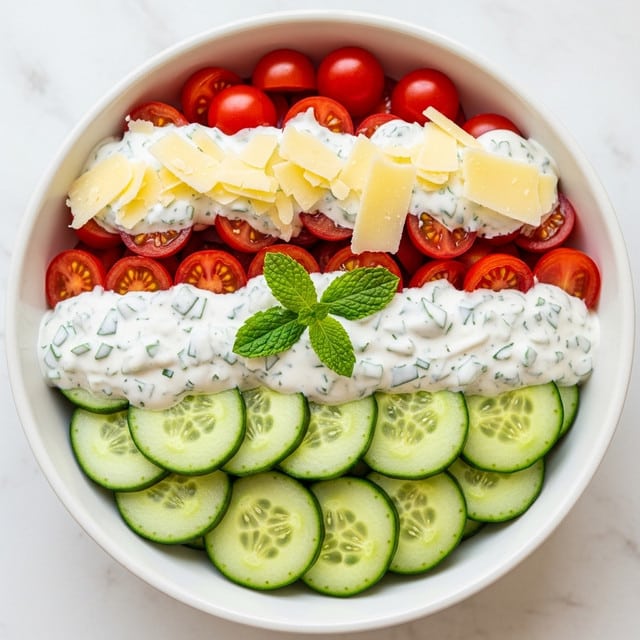 A white bowl filled with a fresh salad showing three main layers: at the base, thin round slices of green cucumber with a fresh, smooth texture; in the middle, bright red cherry tomato halves scattered evenly; on top, white creamy dressing with small green herb bits drizzled generously, garnished with light yellow cheese shavings and a small sprig of fresh green mint in the center, all resting on a white marbled surface. photo taken with an iphone --ar 4:5 --v 7