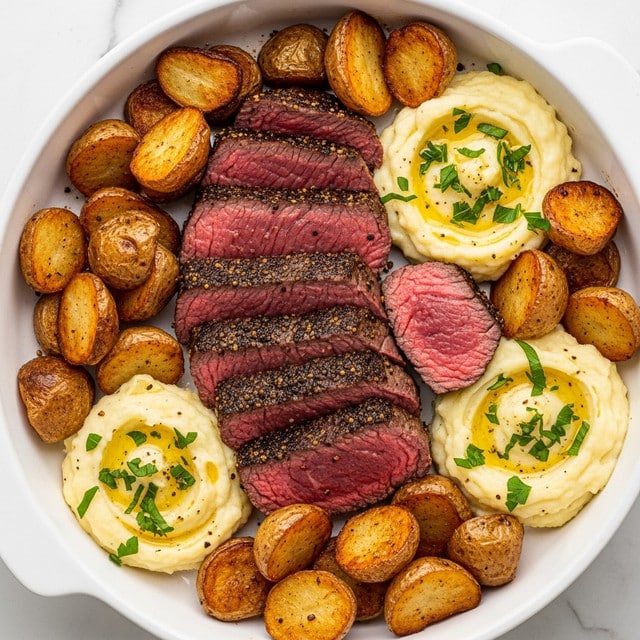 A rectangular black baking tray holds a dish split into two main parts: on the left side, there are eight thick slices of medium-rare steak arranged in a slightly overlapping row, showing a pink center with a brown grilled crust topped with small bits of garlic and green herbs. On the right side, there is a layer of golden roasted potato halves with edges browned and crispy, sprinkled with chopped green herbs. The tray sits on a white marbled surface. photo taken with an iphone --ar 4:5 --v 7