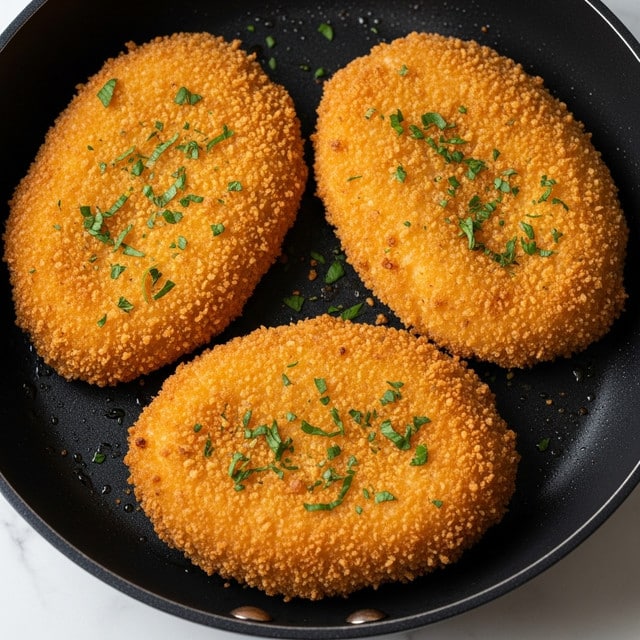 A close-up image shows three pieces of golden-brown fried fish with a crunchy texture on top. Each piece has a crispy, slightly uneven coating with a light dusting of green herbs sprinkled over them. The fish lies in a shallow black pan that rests on a white marbled surface. The pieces are thick and flaky with a moist inside visible around the edges, capturing the rich, warm color of the fried crust. Photo taken with an iphone --ar 4:5 --v 7