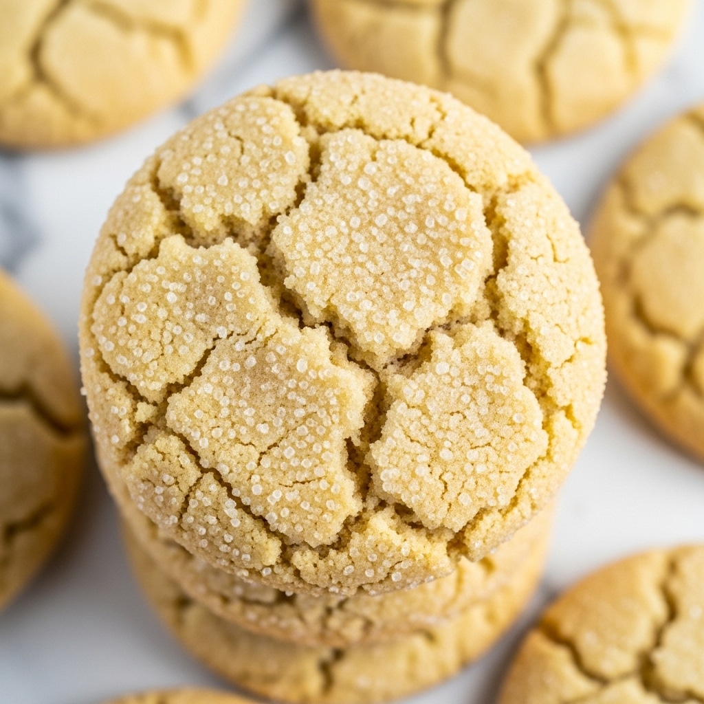 The image shows a close-up view of several round cookies stacked together, with one cookie in sharp focus in the center. The cookies have a light golden color with a soft, cracked surface texture. Sugar crystals are evenly spread over the top, giving them a slightly sparkling appearance. The edges are a bit darker, showing a well-baked look, while the cracks form irregular but rounded shapes all over the cookie's surface. The background is a soft blurred mix of more cookies, all on a white marbled texture. photo taken with an iphone --ar 4:5 --v 7
