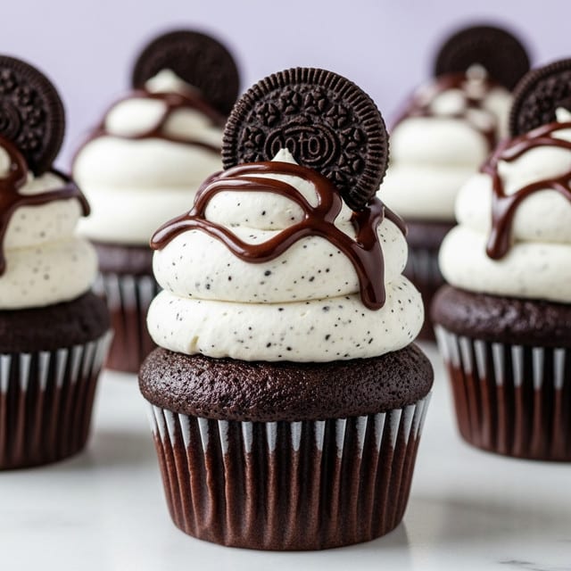 The image shows several dark chocolate cupcakes arranged on a white marbled surface, each cupcake in a dark brown ridged paper liner. Each cupcake has two main layers: the bottom layer is moist dark chocolate cake with a slightly textured surface, and on top is a thick swirl of light beige cream frosting with visible dark cookie crumbs mixed in. The frosting is generously drizzled with smooth dark chocolate sauce. Each cupcake is decorated with one round chocolate sandwich cookie, slightly dipped into the frosting near the back. The background is a soft purple color, making the cupcakes stand out. photo taken with an iphone --ar 4:5 --v 7