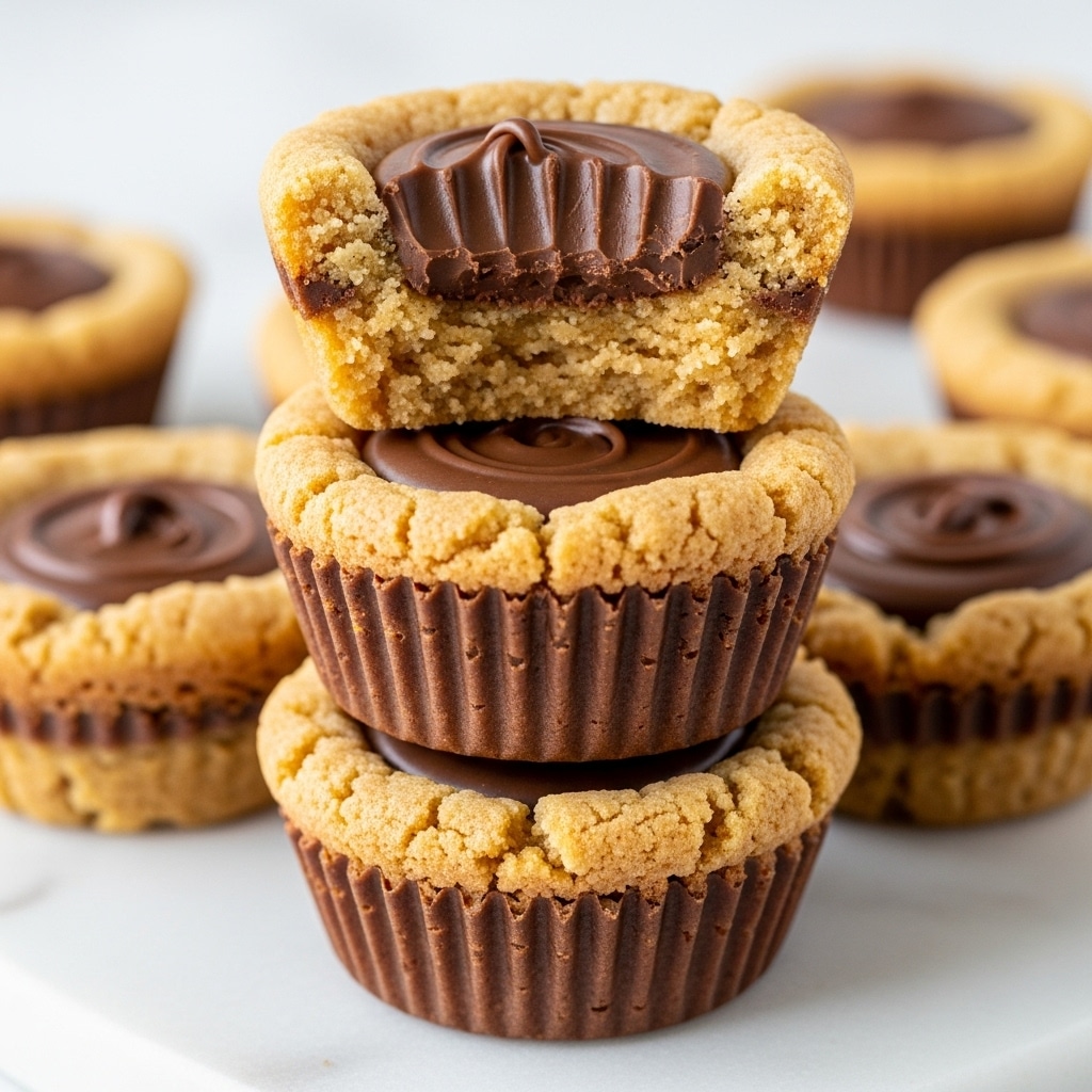 The image shows a close-up of several peanut butter cookie cups filled with chocolate, stacked on a white marbled surface. Each cookie cup has two layers: the outer cookie shell is golden brown with a crumbly, slightly cracked texture forming a cup shape, and inside it sits a rich, smooth chocolate peanut butter cup with ridged edges. One cookie cup at the top is bitten to reveal its inside, showing a soft, crumbly cookie layer filled with creamy chocolate that is slightly glossy. The focus is on the different textures and colors, with the cookie's golden beige and the chocolate's dark brown clearly visible. Photo taken with an iphone --ar 4:5 --v 7