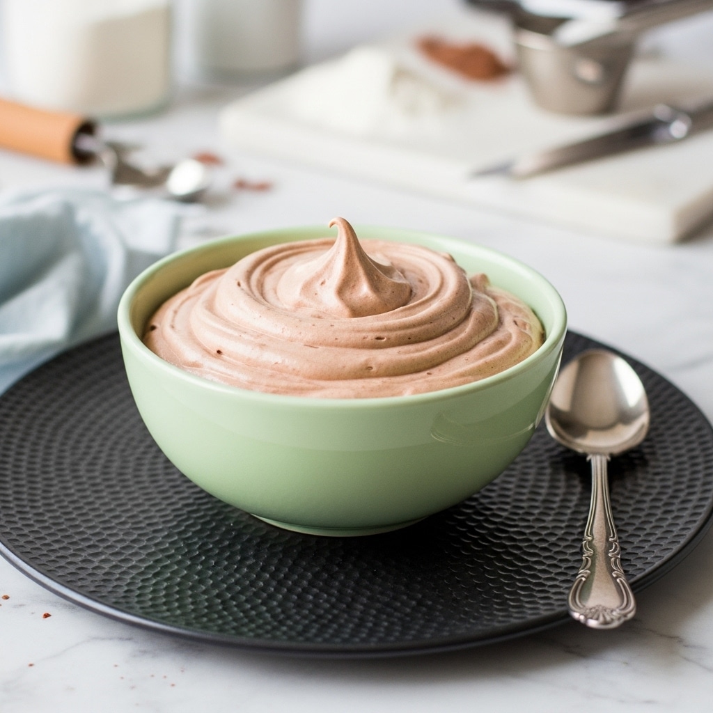 A pale green bowl filled with a smooth, light brown mousse that has a soft swirl on top, sitting on a round black textured plate. The mousse looks airy and creamy, with a small peak at the center of the swirl. The background shows blurred baking ingredients and utensils on a white marbled surface. A silver spoon with intricate designs lies nearby. photo taken with an iphone --ar 4:5 --v 7