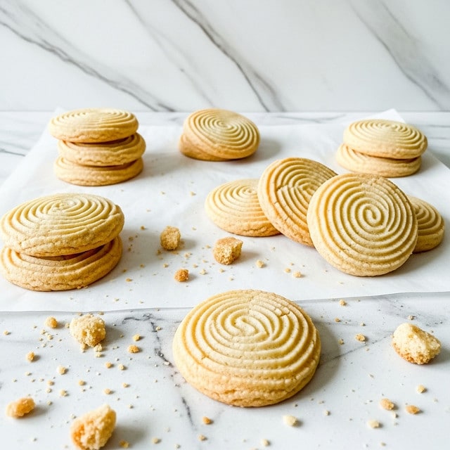 A close-up shot of several light beige, round cookies with a spiral ridge pattern on top, arranged in small stacks and groups on a white piece of parchment paper placed on a white marbled surface; some cookie crumbs are scattered around, and the background features a white marbled wall. photo taken with an iphone --ar 4:5 --v 7