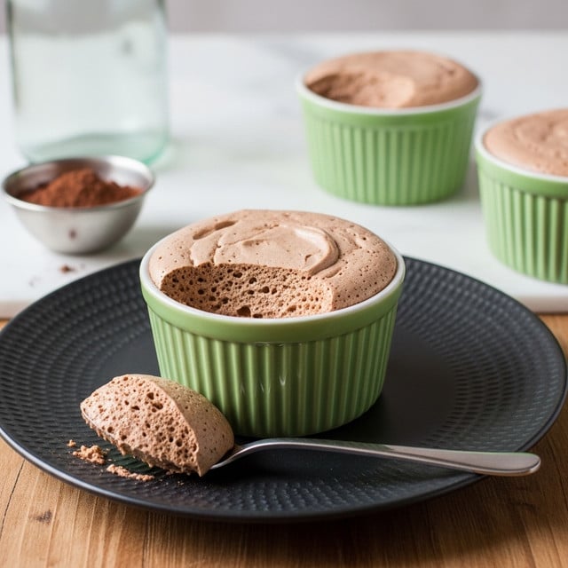A light brown, fluffy mousse is served in a green ribbed cup placed on a textured black plate on a wooden table. A large bite is taken from the mousse revealing its airy, smooth inside, with a matching spoonful resting on a silver spoon in front of the cup. Nearby, there is a small metal bowl filled with cocoa powder and a bottle blurred in the background, as well as two more green cups filled with a similar creamy mixture. The surface beneath everything is white marbled texture. Photo taken with an iphone --ar 4:5 --v 7