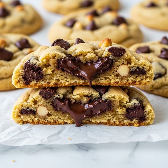 The image shows close-up of golden brown chocolate chip cookies on white marbled surface, with gooey melted dark chocolate chunks scattered throughout the cookie dough. The cookie in the front is broken in half, revealing a soft, chewy inside with large pools of melted chocolate. Behind this broken cookie, there are whole cookies slightly out of focus, stacked and spread casually. The cookie edges are crisp and the surface is lumpy with rich chocolate pieces embedded in the dough, giving a warm and fresh baked feel. Photo taken with an iphone --ar 4:5 --v 7
