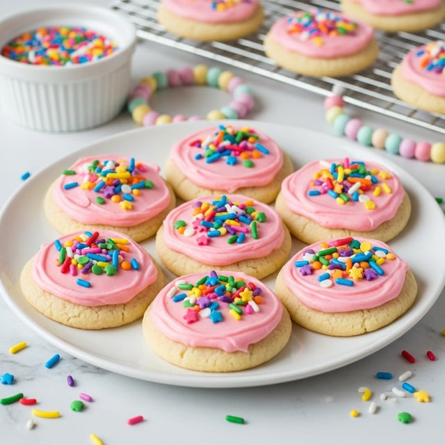 Seven round cookies with pale golden edges are arranged closely on a white plate. Each cookie is topped with a thick, smooth layer of light pink icing that covers the tops fully but does not drip down the sides. A generous handful of colorful sprinkles, including small round and rod shapes in red, orange, yellow, green, blue, purple, and star shapes, scatter over the icing on every cookie. The plate sits on a white marbled surface with a colorful beaded bracelet in pastel colors nearby. In the background, there is a white bowl filled with multicolored sprinkles and another cookie partially visible on a metal cooling rack. Photo taken with an iphone --ar 4:5 --v 7