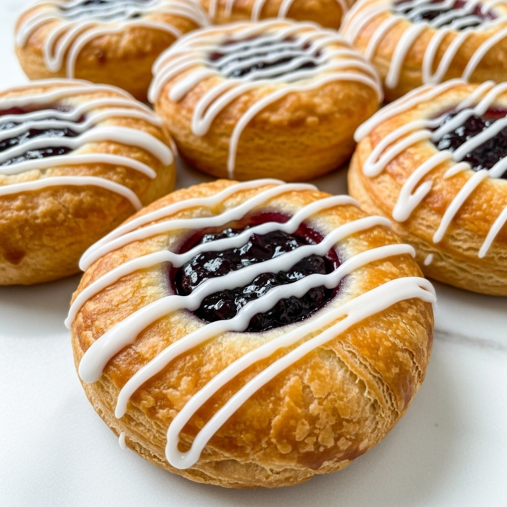 The image shows several round pastries with three main layers. The bottom layer is a golden-brown puff pastry with a flaky texture. Above this is a creamy, pale yellow cheese layer that looks soft and thick. The top layer is another golden puff pastry, slightly smaller, with a shiny finish and a dollop of dark purple blueberry jam in the center. White icing is drizzled around the jam, creating stripes that extend to the edges. The pastries rest on a dark surface, which should be imagined as a white marbled texture. photo taken with an iphone --ar 4:5 --v 7