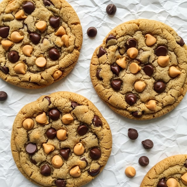 Three thick cookies are shown close up on crinkled white paper over a white marbled surface. Each cookie has a rough, golden-brown base with a soft and slightly gooey texture. Scattered on top and inside are dark chocolate chips and light brown peanut butter chips, giving a spotty pattern of shiny, smooth chunks. Around the cookies, there are extra chips of both chocolate and peanut butter, some melting slightly. The cookies look freshly baked with a chewy and crunchy mix. photo taken with an iphone --ar 4:5 --v 7