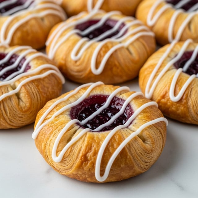 The image shows six round pastries with a golden brown, flaky dough base. Each pastry has a white icing drizzle across the top, with a small round well filled with deep purple fruit jam in the center. The pastries have a slightly shiny and crispy outer crust, with soft layers visible around the edges. They are placed directly on a white marbled surface, closely arranged without any plate. The focus is on the front pastry, with the others softly blurred in the background. photo taken with an iphone --ar 4:5 --v 7