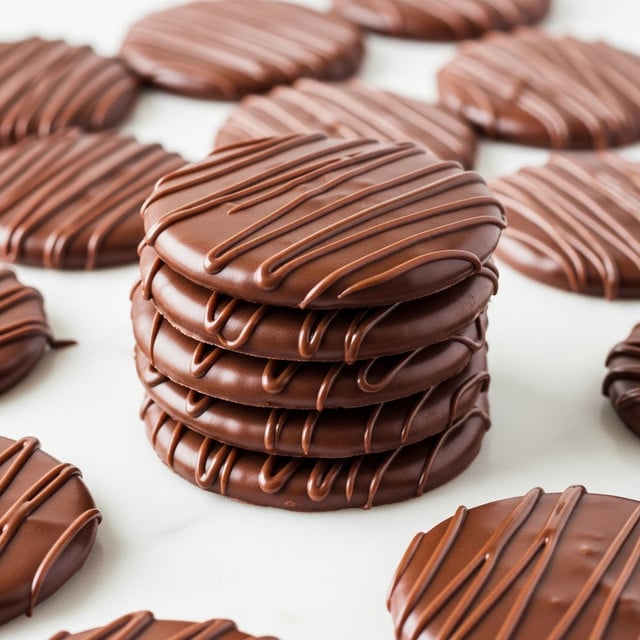 A stack of five thick, round chocolate disks with a smooth, shiny surface and slightly uneven edges is shown on a white marbled surface, with each disk drizzled with thin lines of lighter chocolate that create a textured pattern on top and around the sides. The disks vary slightly in thickness and have a rich, dark brown color with a glossy finish. In the background, similar chocolate disks lie scattered, some with the same drizzled pattern, giving a sense of abundance and depth to the scene. photo taken with an iphone --ar 4:5 --v 7