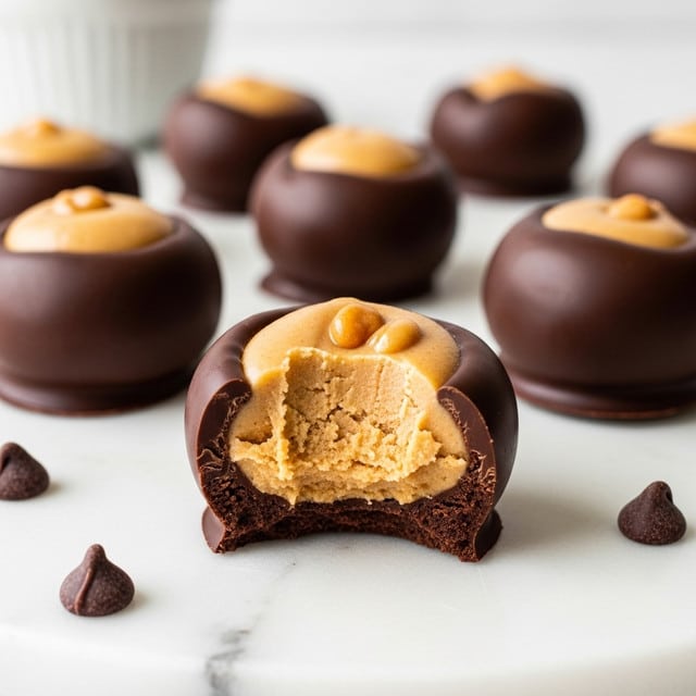 A white plate holds about 12 round chocolates arranged closely in layers, each chocolate having a shiny dark brown outer shell and a smooth, creamy light tan center visible on top. One chocolate is placed on top of the others with a bite taken out, showing a crumbly, dense inside matching the light tan center. Nearby, a white bowl filled with smooth, light brown peanut butter is partly visible, set against a white marbled surface with a yellow cloth featuring a floral pattern in the lower left corner. Photo taken with an iphone --ar 4:5 --v 7