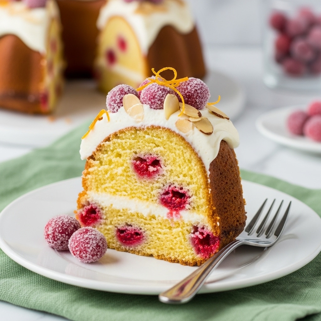 A slice of bundt cake with two visible layers of soft, yellow cake embedded with red berries, topped with a thick layer of white frosting covered by scattered almond slices and sugared cranberries in deep red with a frosty texture, sits on a white plate. A piece of the cake is cut off with a silver fork resting beside it, showing the moist inside with berry bits. The plate is placed on a green fabric napkin, all set against a white marbled surface. In the background, a blurred whole bundt cake and a glass with red berries are visible. Photo taken with an iphone --ar 4:5 --v 7
