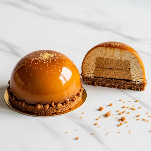 The image shows two small dome-shaped desserts on a white marbled surface. Each dessert has a shiny caramel glaze on top with small golden crumbs sprinkled over it. Inside, there are three clear layers: at the bottom, a thin dark brown crispy base, in the middle, a smooth beige cream layer, and on top, a light, airy mousse layer with a slightly darker tan color. One of the desserts is cut in half, revealing all the layers clearly, while the other is whole. Some crumbs are scattered around the desserts. Photo taken with an iphone --ar 4:5 --v 7