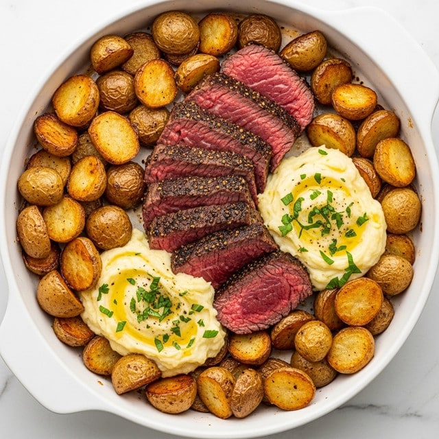 A white ceramic dish filled with golden brown roasted potato halves scattered around the edges, some pieces slightly crispy and textured. In the center, there are thick slices of medium-rare steak with a dark peppered crust and bright reddish-pink centers. Between the steak slices and potatoes, there are dollops of creamy, pale yellow mashed potatoes topped with finely chopped green herbs and a light drizzle of oil or butter. The overall look is rich and inviting, all placed on a white marbled surface. photo taken with an iphone --ar 4:5 --v 7
