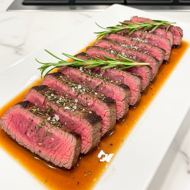 A white rectangular plate holds a sliced medium-rare steak arranged in a neat line, showing a warm pink center with a browned and slightly charred outer layer seasoned with herbs and cracked pepper. A few sprigs of fresh green rosemary lie across the steak, adding a touch of color and freshness. The meat sits in a small pool of rich, dark sauce that reflects light softly on the plate. The background features a white marbled surface and a stove is faintly visible. Photo taken with an iphone --ar 4:5 --v 7