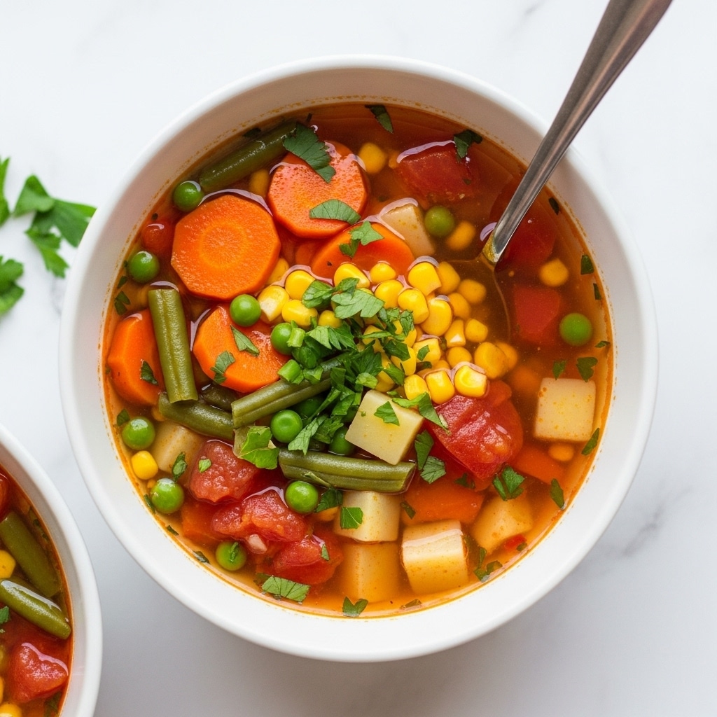 A black pot filled with a colorful vegetable soup sits on a white marbled surface, showing layers of diced red tomatoes, orange carrot slices, green beans, green peas, yellow corn kernels, and white potato chunks in a thin red broth sprinkled with green herbs. A silver ladle is dipped inside the soup, slightly lifting some vegetables. Nearby, a small white bowl of chopped green herbs and two stacked white bowls with two spoons rest on the side, with fresh parsley on a wooden board and a folded dark gray cloth underneath the pot. Photo taken with an iphone --ar 4:5 --v 7
