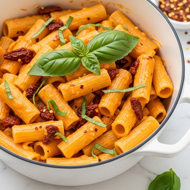 The image shows a white pot with blue handles filled with short tube pasta coated in a creamy orange sauce mixed with small pieces of sun-dried tomatoes. Fresh green basil leaves are scattered on top and inside the pasta, adding a touch of bright green color. The pot rests on a light beige cloth with lace edges, placed on a white marbled surface. Around the pot, there is a wooden spoon with a carved handle, a yellow lemon, some loose basil leaves, two garlic bulbs, and a white bowl filled with crushed red pepper flakes. The scene looks warm and inviting. photo taken with an iphone --ar 4:5 --v 7