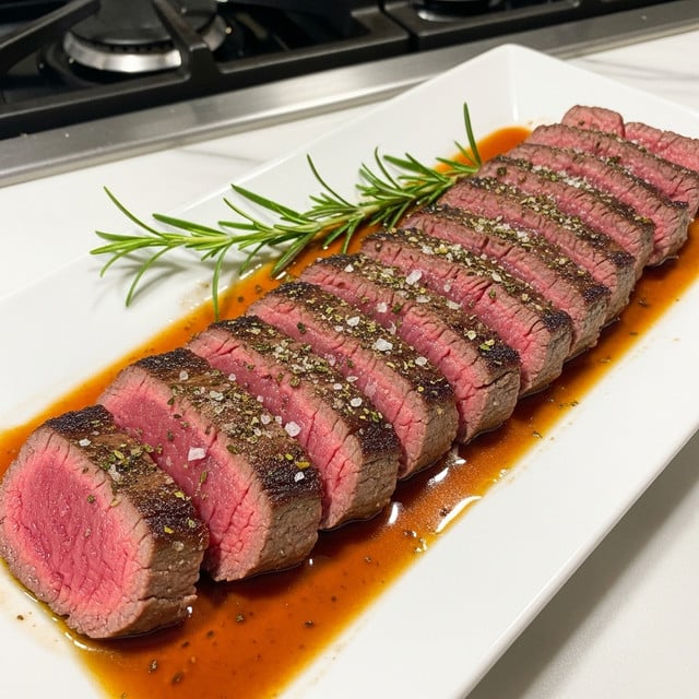 A white rectangular plate holds a sliced grilled steak arranged in a single row, with the outer pieces showing a brown seared crust and the inner layers revealing a juicy pink center. The steak slices have light grill marks and are topped with a sprinkle of coarse salt and fresh herbs. A rich brown sauce pools beneath the meat, adding shine and depth. Two whole sprigs of fresh green rosemary rest across the top lengthwise, adding color contrast. The background shows a white marbled surface with a blurred stovetop. photo taken with an iphone --ar 4:5 --v 7