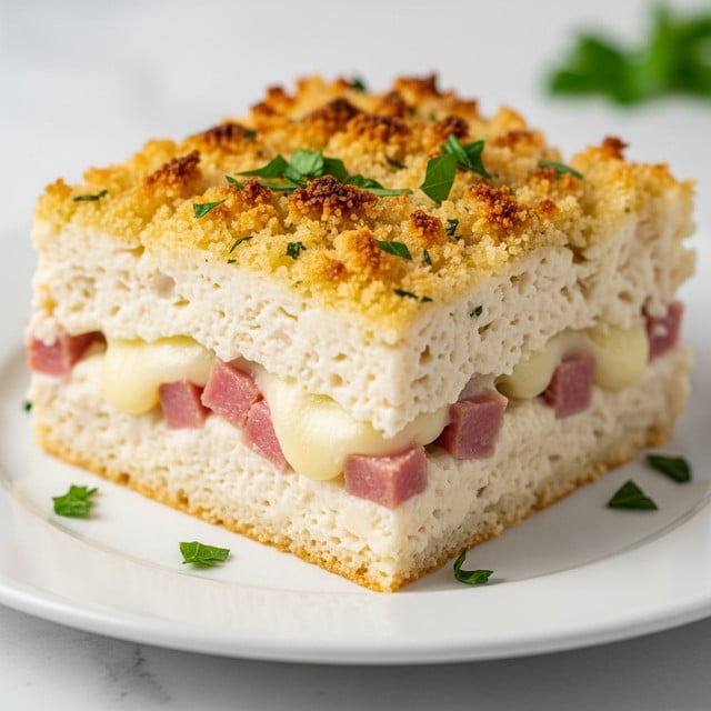 A close-up of a square slice of creamy baked casserole sits on a white plate, showing three main layers: the top layer has a golden-brown crust with crispy, toasted breadcrumbs and bits of parsley sprinkled on it; the middle layer is thick and white with gooey melted cheese mixed with small pink cubes of ham; the bottom layer is creamy and soft, blending with the cheese and ham. There are small green parsley leaves scattered around the slice on the plate. The plate is on a surface with a white marbled texture. photo taken with an iphone --ar 4:5 --v 7