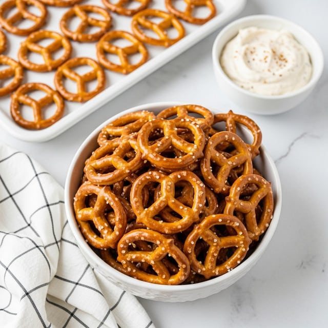 A white bowl filled to the top with crispy golden-brown pretzels, each pretzel showing a textured surface with visible salt crystals. Behind the bowl, there is a white baking tray also full of the same pretzels, and to the top right, a small white bowl containing a creamy white dip with specks, all set on a white marbled surface with a white cloth featuring a black grid pattern partially visible below the bowl. photo taken with an iphone --ar 4:5 --v 7