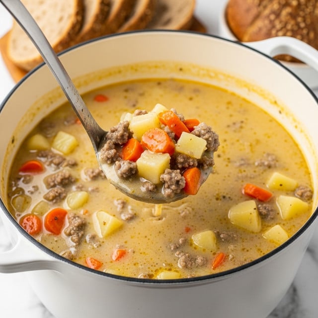A large white pot filled with thick, creamy soup that has a light yellow color with visible small pieces of browned ground meat, orange carrot chunks, and pale potato cubes mixed throughout. A metal ladle lifted above the pot holds a scoop of the soup, showing its chunky texture and rich creaminess. In the background, there are slices of brown bread slightly out of focus, and the pot sits on a white marbled surface. photo taken with an iphone --ar 4:5 --v 7