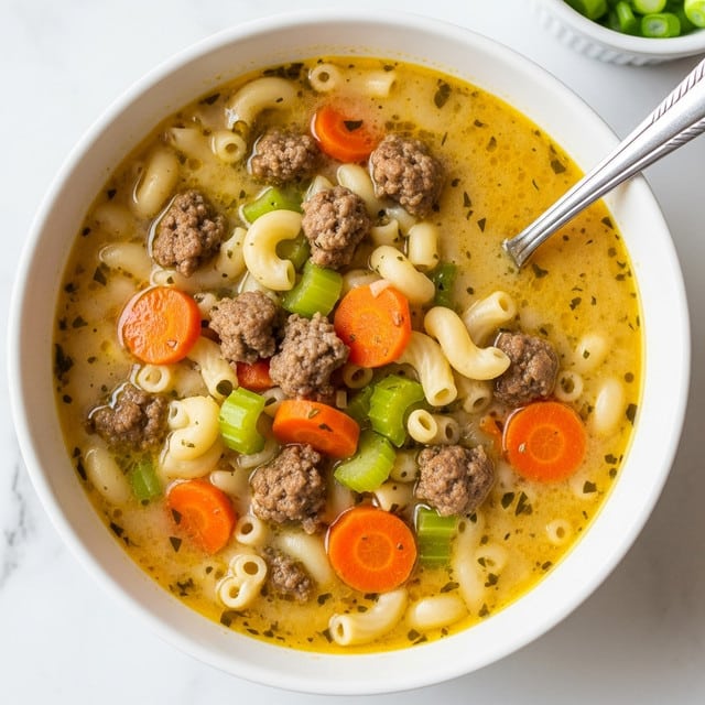 A white bowl filled with creamy soup that has about four main layers: the base is a rich, light yellow broth with specks of herbs throughout; floating in the broth are small, curved elbow macaroni in pale cream color; scattered soft orange carrot slices and small chunks of light green celery add color and texture; small browned pieces of ground meat are spread evenly across the soup. A silver spoon rests inside the bowl, partly submerged in the soup. The bowl sits on a white marbled surface with a small part of a white bowl with green onion slices visible at the top right. photo taken with an iphone --ar 4:5 --v 7
