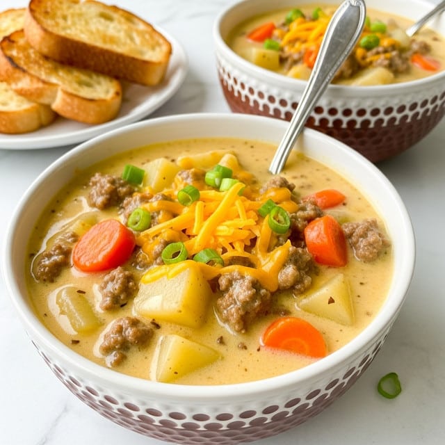 A close-up view of a thick, creamy stew served in a white bowl that has a brown textured pattern on the outside. The stew has visible chunks of light beige potatoes, orange carrot pieces, and browned ground meat in a smooth, pale yellow creamy sauce. It is topped with small green onion slices and shredded bright yellow cheddar cheese, slightly melting into the stew. A silver spoon is placed inside the bowl, and in the background, there is another similar bowl of stew and a white plate with slices of toasted bread on a white marbled surface. Photo taken with an iphone --ar 4:5 --v 7