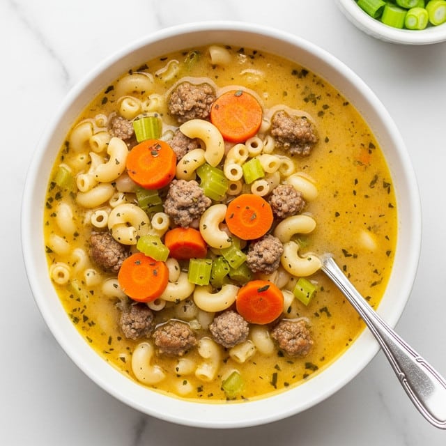 A white bowl filled with creamy soup containing three layers: the first layer has golden yellow cooked macaroni pasta shaped like small elbows; the second layer shows small brown crumbled cooked ground meat and bright orange carrot slices mixed evenly with light green celery pieces in a rich creamy soup base; the third layer on top has thin yellow cheese sticks, chunks of sesame seed-covered pretzel bread, and chopped green onions scattered around, with a silver spoon resting inside the bowl. The bowl is placed on a white marbled surface with a small white bowl of chopped green onions and some broken pretzel pieces in the background. photo taken with an iphone --ar 4:5 --v 7