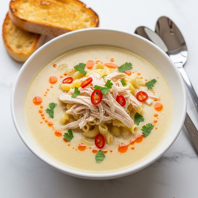 A bowl filled with creamy soup contains three layers of main ingredients: pale yellow macaroni shells scattered throughout, shredded white chicken pieces placed on top near the center, and small cubed orange vegetables mixed evenly. The creamy broth is light yellow and speckled with black pepper and green herb leaves as garnish. A piece of toasted white bread with a golden crust rests inside the bowl on the right side. The bowl is white with a rough texture and sits on a white marbled surface with a dark blue cloth nearby. photo taken with an iphone --ar 4:5 --v 7