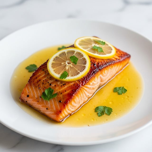 A single piece of cooked salmon fillet with a shiny, caramelized, golden-brown top layer sits in the middle of a white plate. Three thin bright yellow lemon slices lay on top of the salmon, arranged in a row from front to back. The salmon is garnished with small green parsley leaves scattered on top and around it. A pool of light yellow, glossy sauce surrounds the salmon, giving a wet, glistening effect. The plate rests on a white marbled surface, softly blurred in the background. photo taken with an iphone --ar 4:5 --v 7