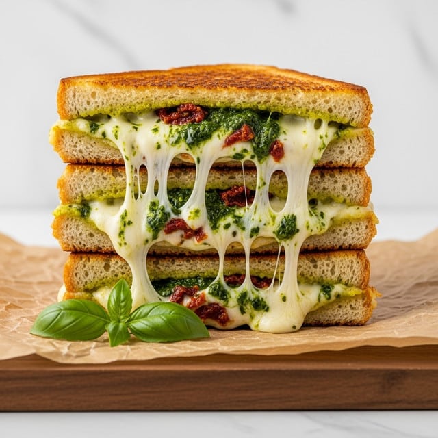 A tall stack of four grilled cheese sandwich pieces sits on crumpled brown parchment paper over a wooden board. Each sandwich layer shows a golden-brown toasted bread with slightly crispy edges. Inside every sandwich layer is melted white cheese stretching out softly, mixed with a green pesto sauce and bits of red sun-dried tomatoes, creating a colorful contrast. The sandwiches look gooey and fresh, with some cheese strings stretched between the layers. A fresh basil leaf lies at the bottom left, adding a pop of green. The whole setup is on a white marbled surface with a soft, light background. Photo taken with an iphone --ar 4:5 --v 7