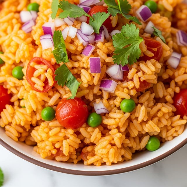 A close-up view of a bowl filled with orange-colored cooked rice mixed with small red tomato pieces and spots of green peas, topped with chopped fresh green cilantro leaves and small chunks of purple onion scattered on top. The rice looks fluffy with visible grains, and the bowl is white with a thin border around the rim, sitting on a white marbled surface. The overall image shows vibrant colors with a sharp focus on the rice textures and garnishes. photo taken with an iphone --ar 4:5 --v 7