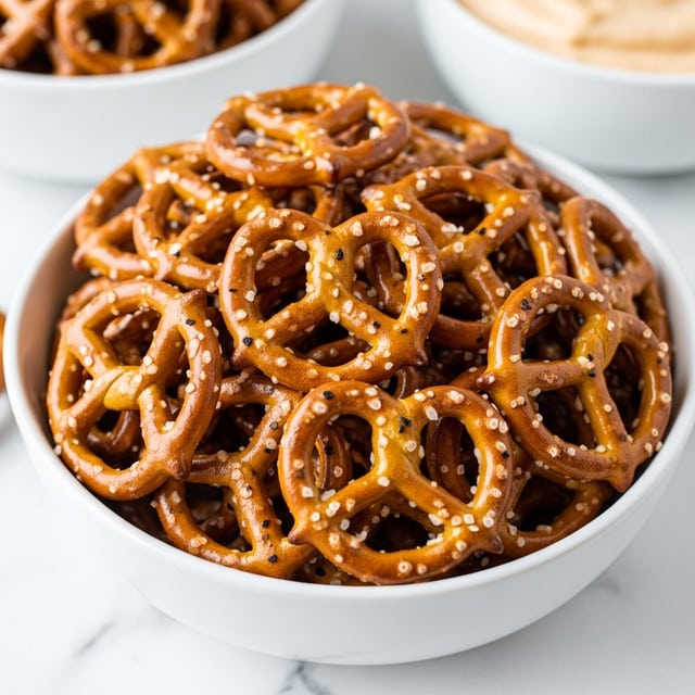 A close-up view of a white bowl filled with golden brown pretzels that have a slightly shiny texture and are sprinkled with visible coarse salt and black seasoning. The pretzels are piled in one thick layer, showing their twisted shapes and crunchy surfaces. The bowl sits on a white marbled texture, with parts of two other white bowls blurred in the background, one filled with more pretzels and the other with a light-colored dip. photo taken with an iphone --ar 4:5 --v 7
