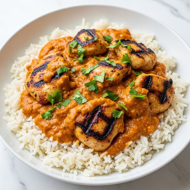 A white plate holds a layer of soft, fluffy white rice at the bottom, topped with chunks of browned chicken coated in a creamy, light brown sauce with visible specks of seasoning. Fresh green parsley leaves are sprinkled evenly on top, adding a touch of color contrast. The sauce has a smooth texture and covers the chicken pieces partially, leaving some golden-brown parts visible. The dish sits on a white marbled surface. photo taken with an iphone --ar 4:5 --v 7