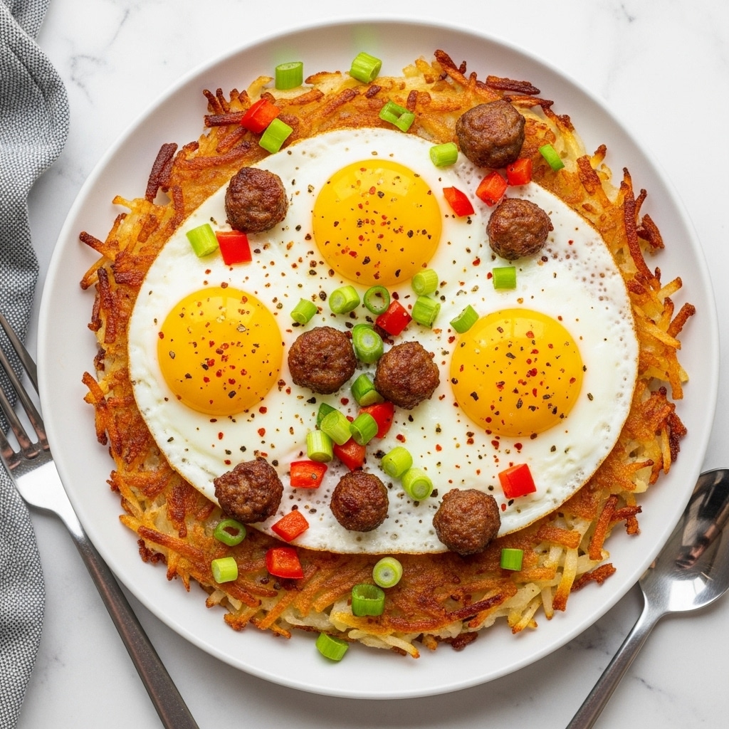 The image shows a round breakfast pizza cut into four slices on a white plate, placed on a white marbled surface. The pizza has a golden-brown crust that looks crispy, with a layer of melted cheese covering the base. On top, each slice has a sunny-side-up egg with a bright yellow yolk in the center, surrounded by white cooked egg whites. Scattered around the eggs are browned ground meat pieces, small red bell pepper chunks, and chopped green onions, adding pops of red and green color. There is also a light sprinkle of red spice on the eggs for extra texture and color. A silver fork is placed on the edge of the plate. photo taken with an iphone --ar 4:5 --v 7