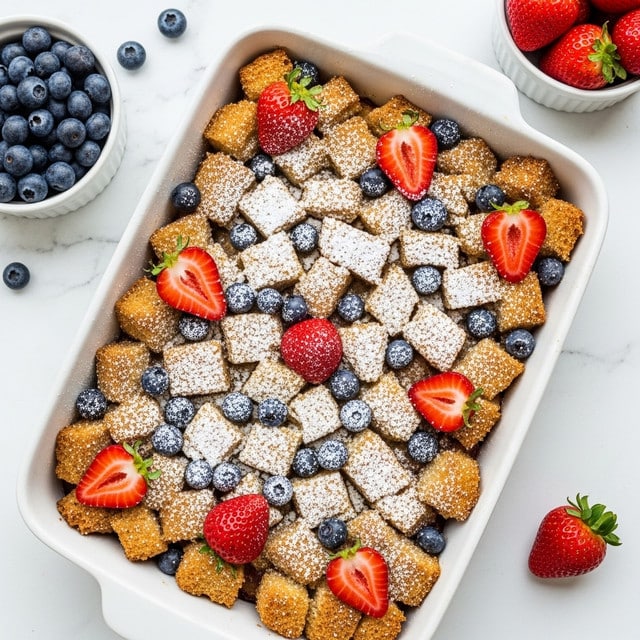 A white rectangular baking dish filled with a baked dessert composed of several layers: the bottom layer is golden brown pieces of bread cut into cubes with a slightly crisp texture; scattered on top are halved bright red strawberries and whole small dark blue blueberries, adding color contrast; the entire top is lightly dusted with white powdered sugar. Around the dish on a white marbled surface are two white bowls, one filled with fresh blueberries and the other with whole strawberries. Photo taken with an iphone --ar 4:5 --v 7