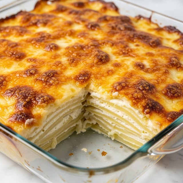 The image shows a close-up of a baked dish in a glass baking pan, featuring about five to six visible layers of thinly sliced potatoes coated in a creamy white sauce. The top layer is thickly covered with melted cheese that is golden brown with slightly burnt dark spots, giving it a bubbly and crispy textured appearance. A portion of the dish is missing from one corner, revealing the soft, creamy, and layered inside, with the edges of the potatoes slightly browned. The glass pan rests on a white marbled surface. photo taken with an iphone --ar 4:5 --v 7